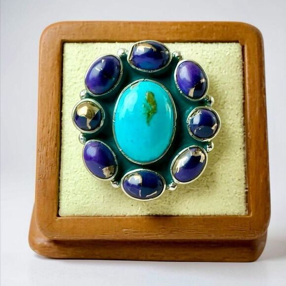 Southwestern Kingman & Purple Mojave Turquoise Cluster Ring Sterling Silver Sz 6 - Picture 1 of 5